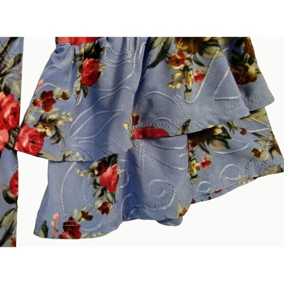 Cocomo Top Women's L Boat Neck Long Ruffle Sleeve Top Red Roses Sky Blue Boho - Picture 8 of 10